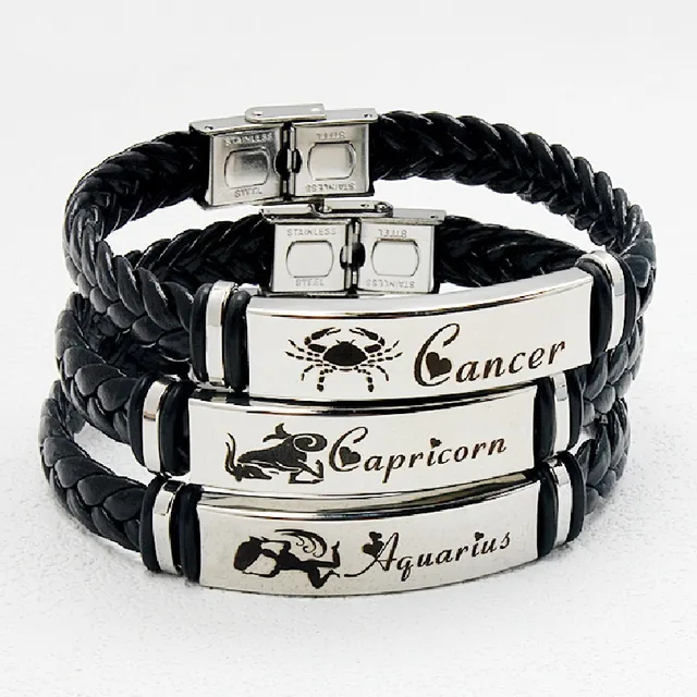 Stainless Steel 12 Constellation Bracelet for Women Men Zodiac Sign Leather Bracelet Wristband Jewelry Birthday Gift 1