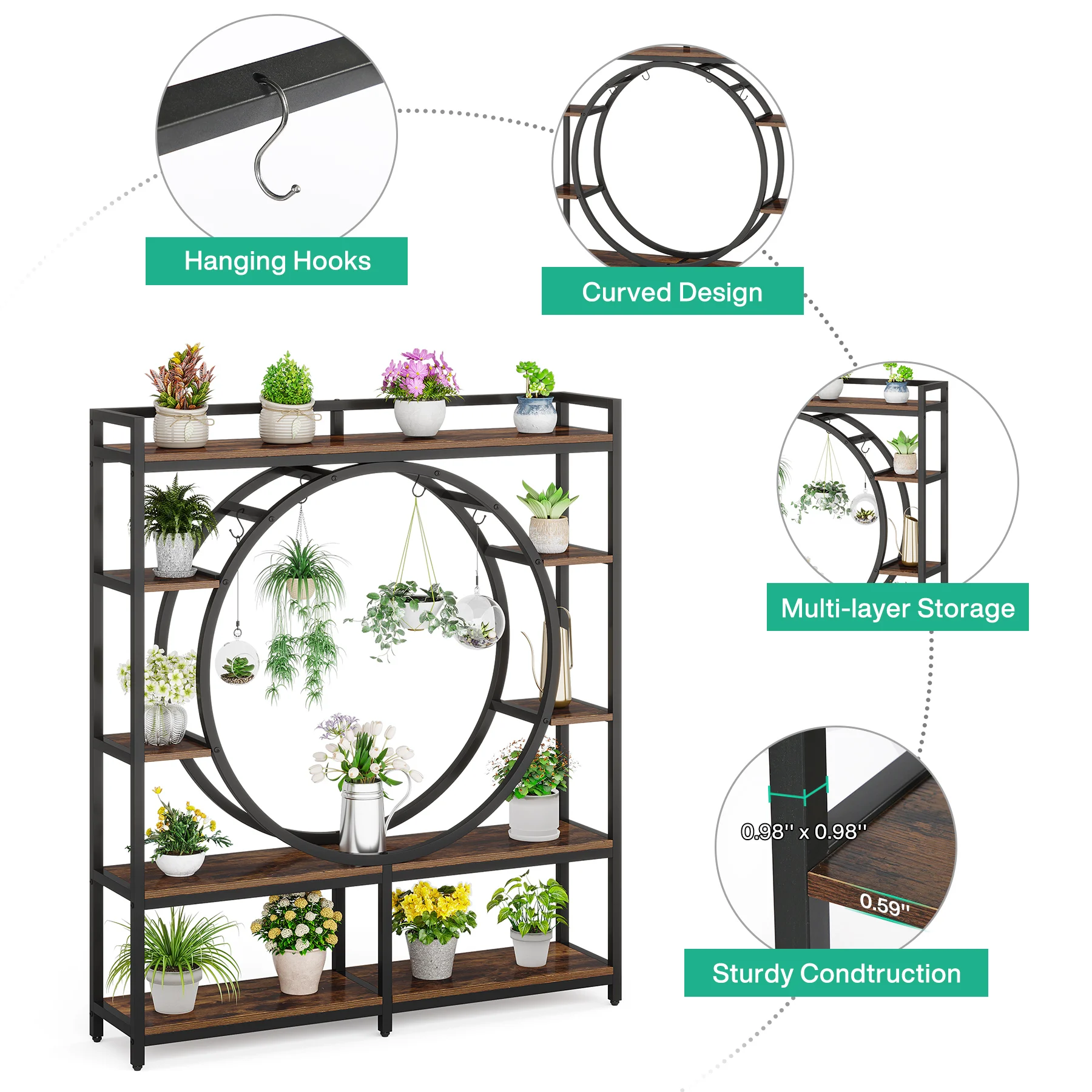 Tribesigns 5-Tier Tall Plant Stand Indoor, 59" Wide Large Metal Plant Stand with 4 Hanging Hooks, Multi-Tiered Shelf
