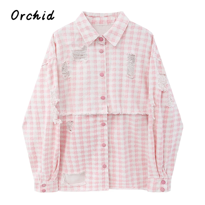 

2023 Women's Pink Checkered Denim Jacket Fashion Lapel Ripped Detachable Blouse Coat Korean Trendy Loose Female Harajuku Coats