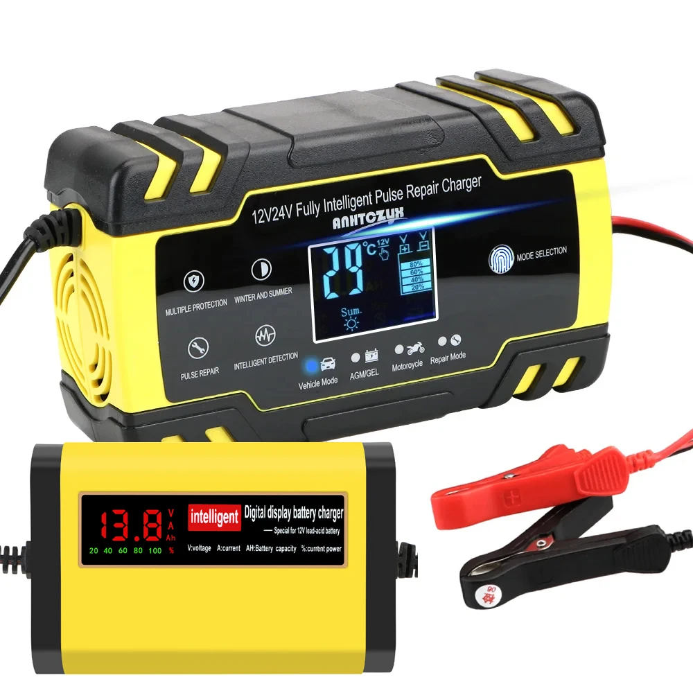 Car battery accessories 12V 24V EU US UK plug car battery charger lead acid pulse repair smart digital for automobile motorcycle