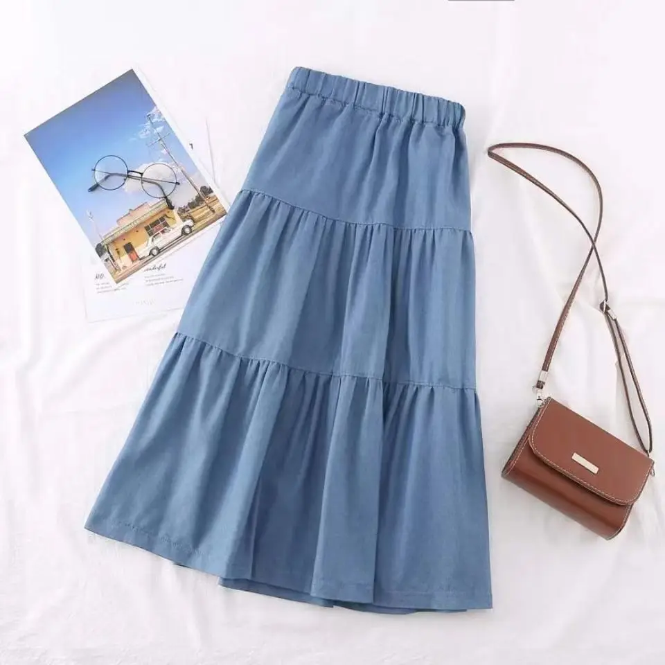 

Summer Female Fashion Casual Loose Solid A-Line Denim Long Skirt Women Retro Pleated Midi Skirts Elastic High Waist Blue Skirt