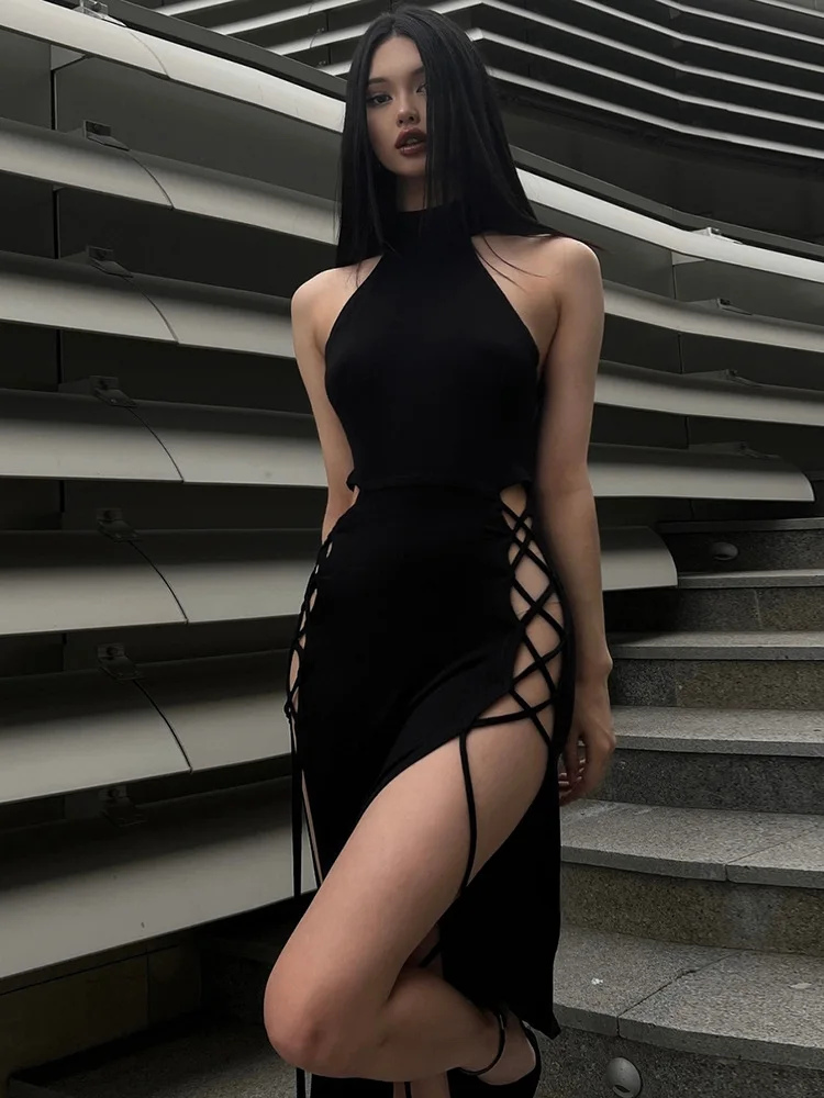 

Goth Dark Cosplay High Split Sexy Bandage Women Dresses Y2K Mall Gothic Halter Slim Midi Dress Black Grunge Style Alt Partywear