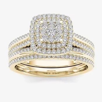 Delicato anello geometrico quadrato color oro per donna Set di anelli di pietre bianche intarsiate in metallo di lusso con gioielli 1