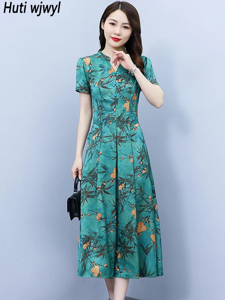 SummerGreenFloralSilkCasualMidiRobeWomenElegantBodyconPartyLongDress2023Korean