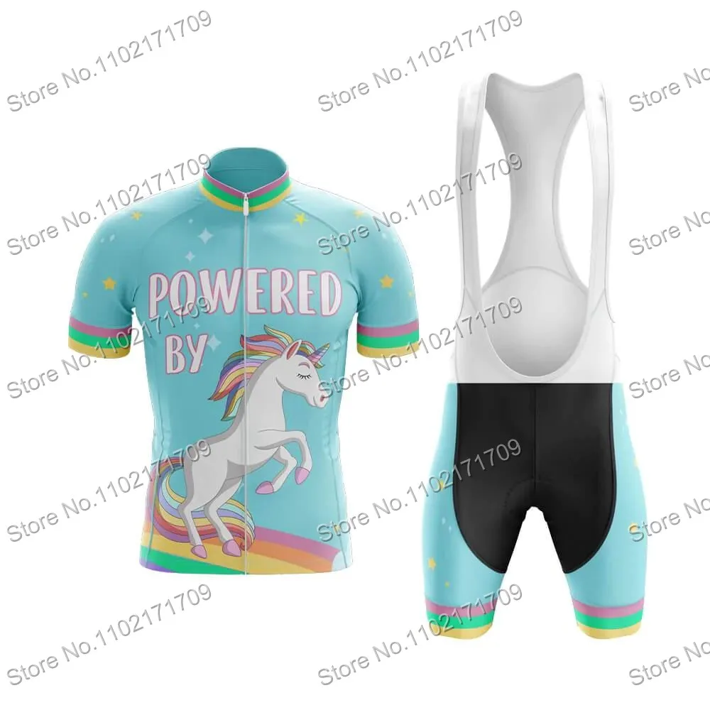 Power By Unicorn Cycling Jersey Set Short Sleeve Unicorn Bicycle Clothing Blue Summer Bib Shorts Kits MTB Maillot Ropa