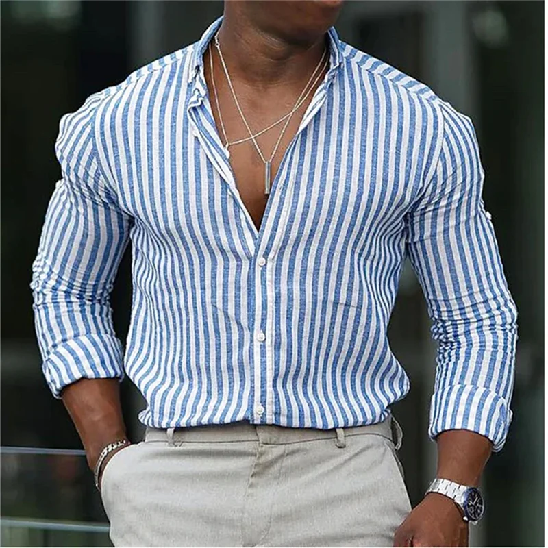 2024 New Fashion Men's Shirts Stripe Print Slim Fit Green Sky Blue Outdoor Street Long Sleeve Clothing Chic Design Casual