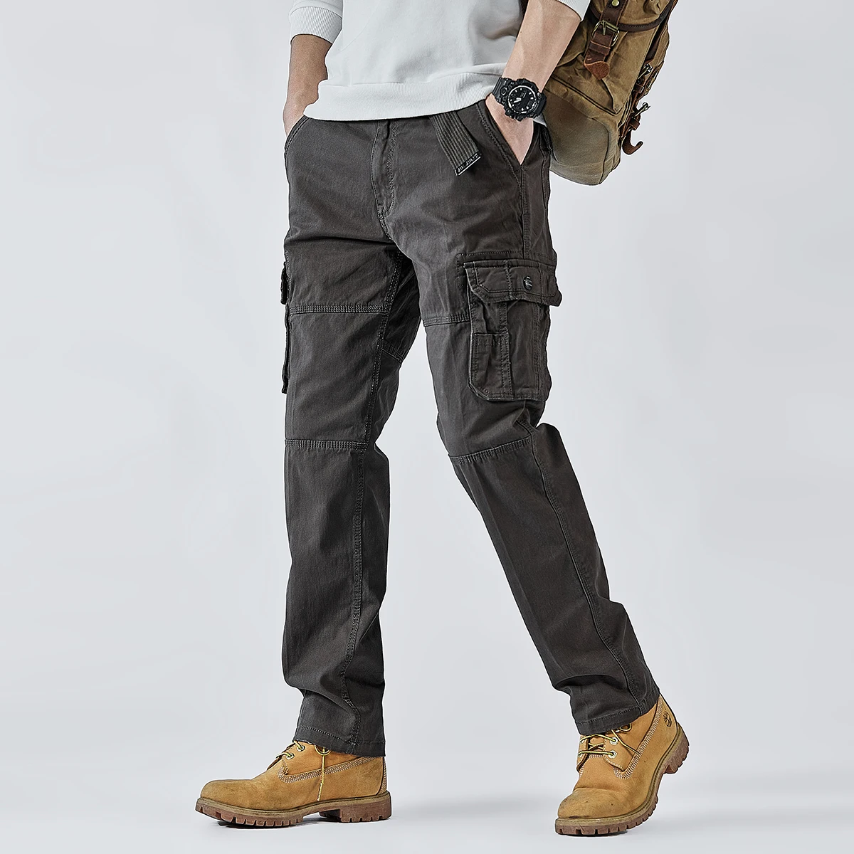 Men's Cargo Pants Straight Leg Cotton Stretch Tactical Trouser Male Military Outdoor Camping Fishing Casual Work Wear Khaki