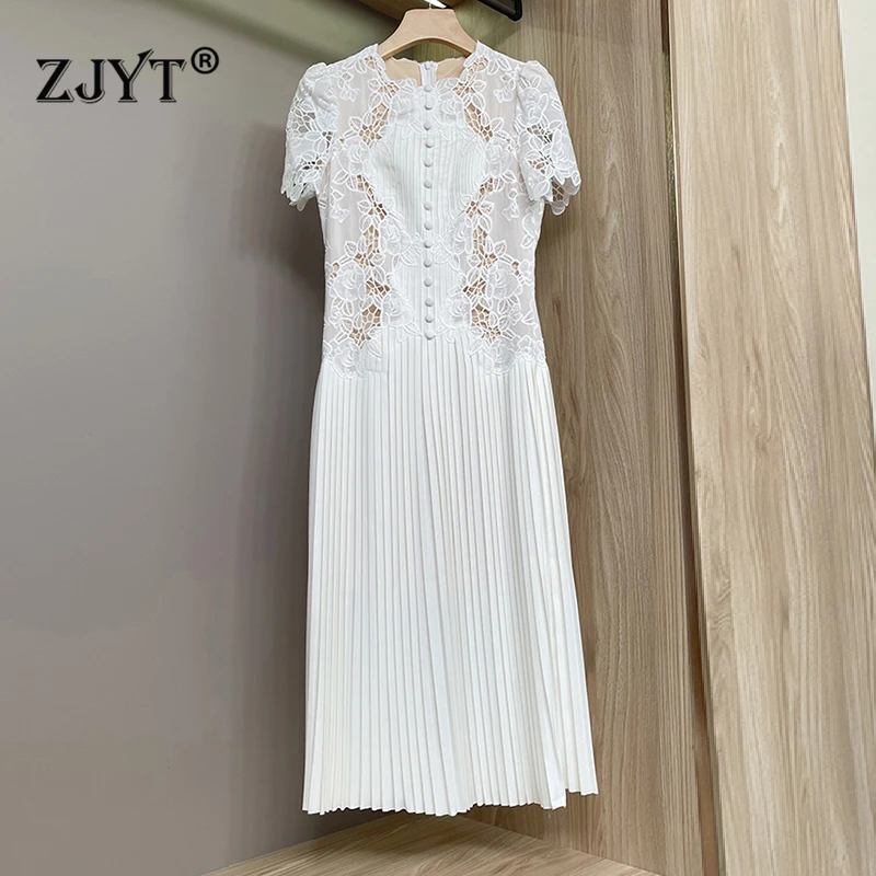 

ZJYT Summer Designer Hollow Embroidery Dress White Women Fashion Short Sleeve Midi Pleated Dress Holiday Party Vestidos Female