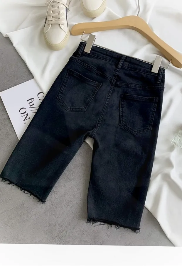 dickies shorts Summer Plus Size Black Tassel Stretch Jean Shorts Women Denim Knee-Length Pants Hole Jeans Casual High Waist Shorts Streetwear linen shorts