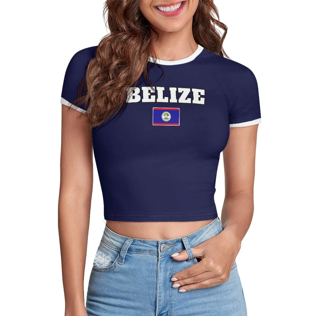 Y2K Crew Neck Ladies Caribbean T Shirts Crop Top Patriotic Fashion Cropped TShirt Tops Custom Belize Flag Color Letters Tee 4