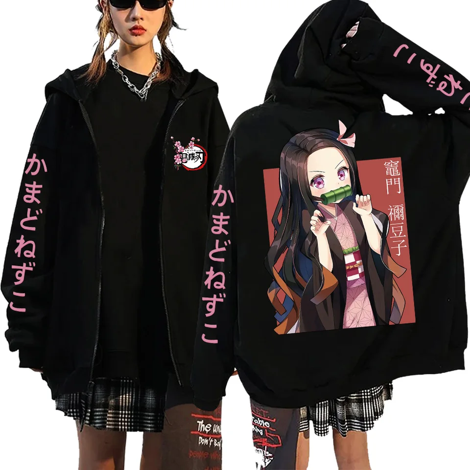 Janpan Anime Demon Slayer Nezuko Kamado Zip Up Hoodies Unisex Hip