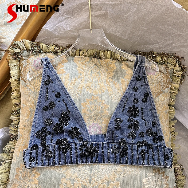 

2024 Women's Summer Vest Sleeveless Slimming Denim Vests Feminine Sequined Embroidered Flower Outwear Girl Slim Fit Nice Tops