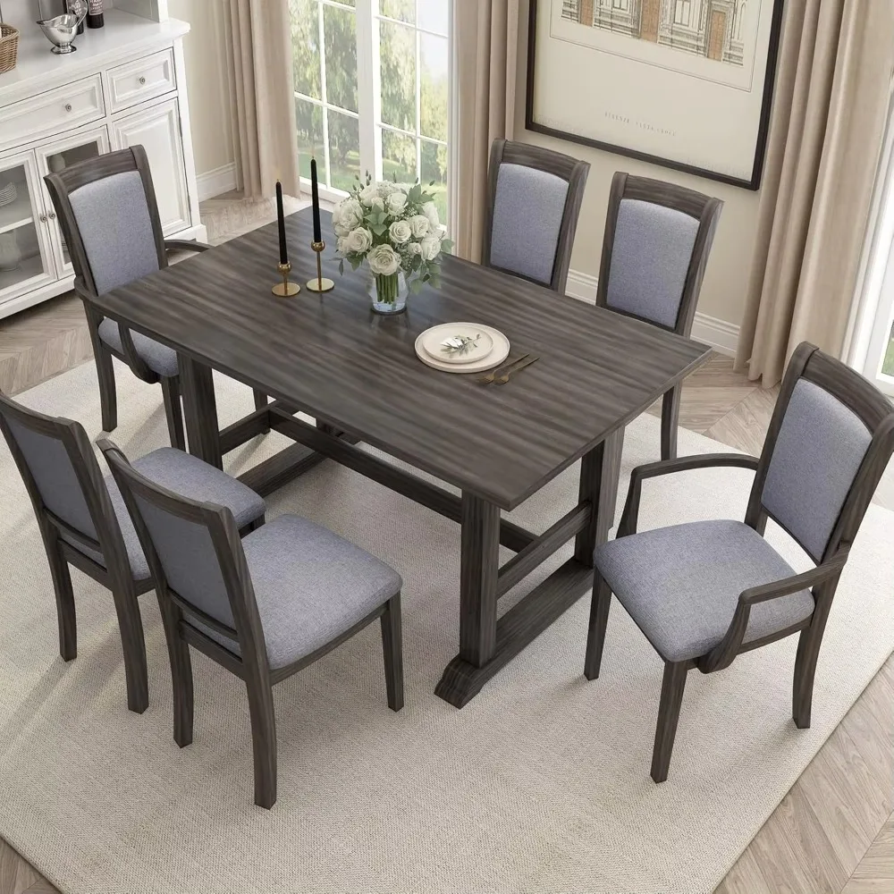 7 Piece Dining Table Set, Wooden Rectangular Dining Table With 6 Upholstered Chairs, Kitchen Dining Room Set For 6 Persons