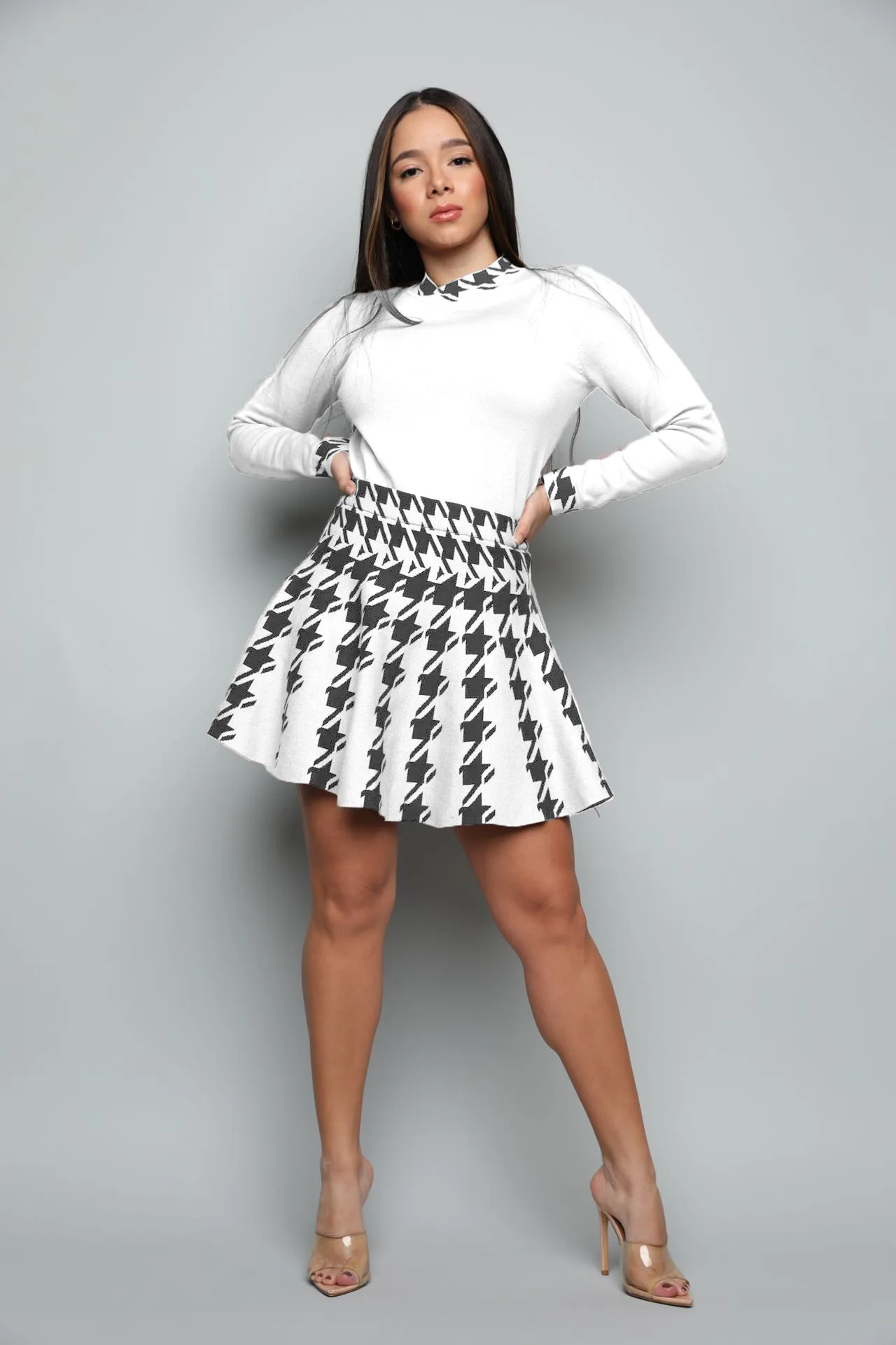 European and American winter retro thousand bird woven high waisted slim knit top A-line skirt versatile woolen half skirt set
