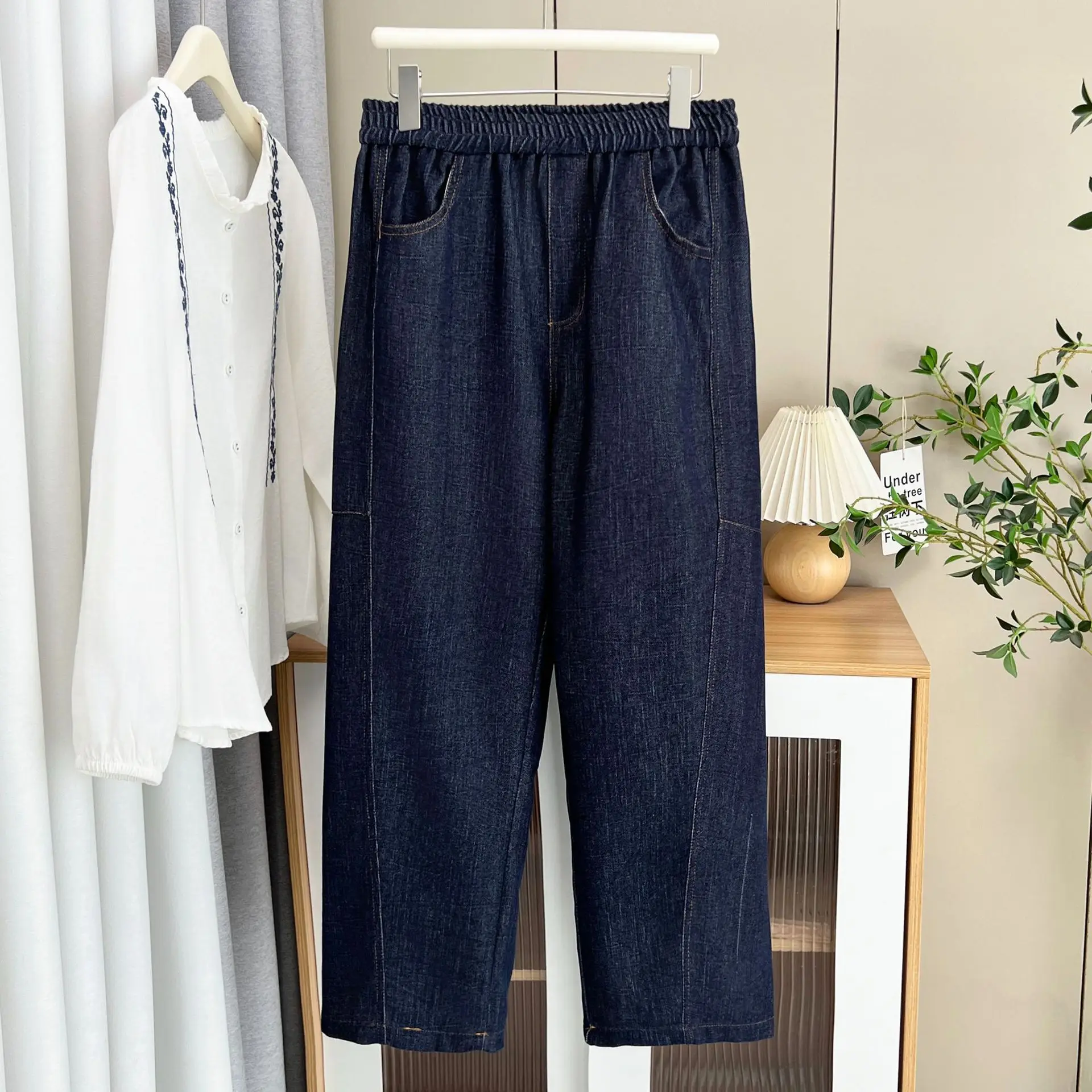 Plus Size Women's Jeans Autumn New Simple Elastic Waist Casual Denim Straight Leg Pants 665