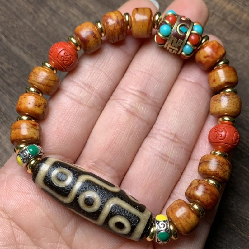 

Boutique Old Agate Dzi Bead with Yak Bone Tibetan Single Ring Men and Women Bracelet