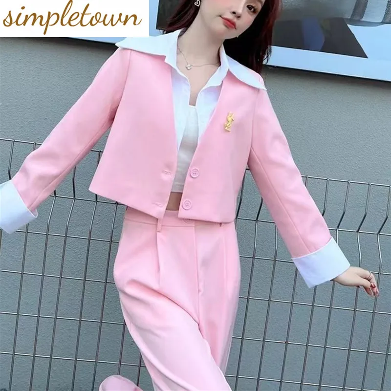 Korean Patchwork Long Sleeved Jacket Coat Casual Wide Legged Pants Two-piece Elegant Women's Pants Set Office Summer Outfits