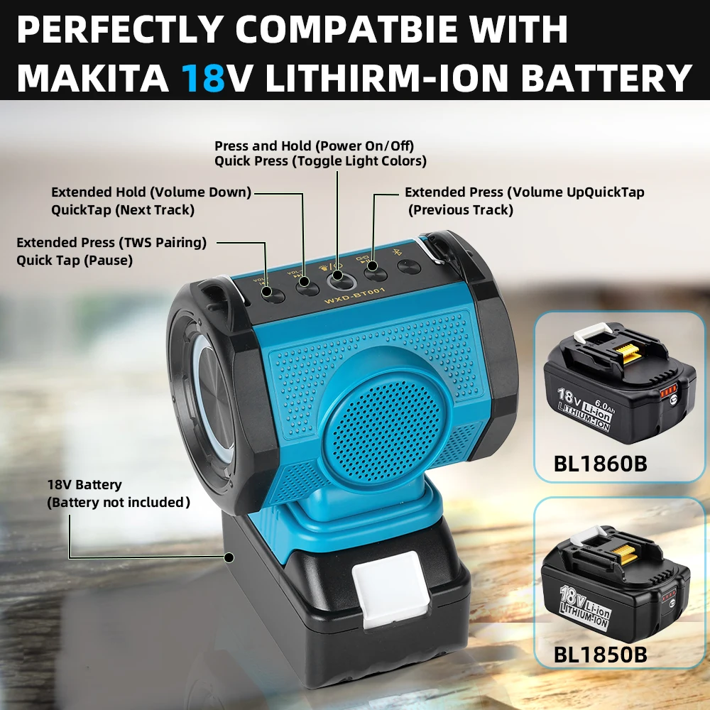 Altoparlante Bluetooth per batteria agli ioni di lio Maka 18V con porta USB Type-C Altoparlante piccolo senza fili per lavori, casa e feste  44