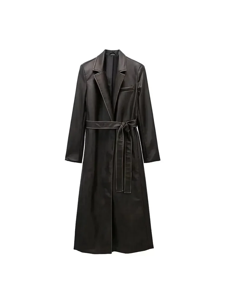 

Women 2023 Winter New Fashion With Belt Washed Skin Trench Coat Vintage Long Sleeve Pockets Female Outerwear Chic Overcoat