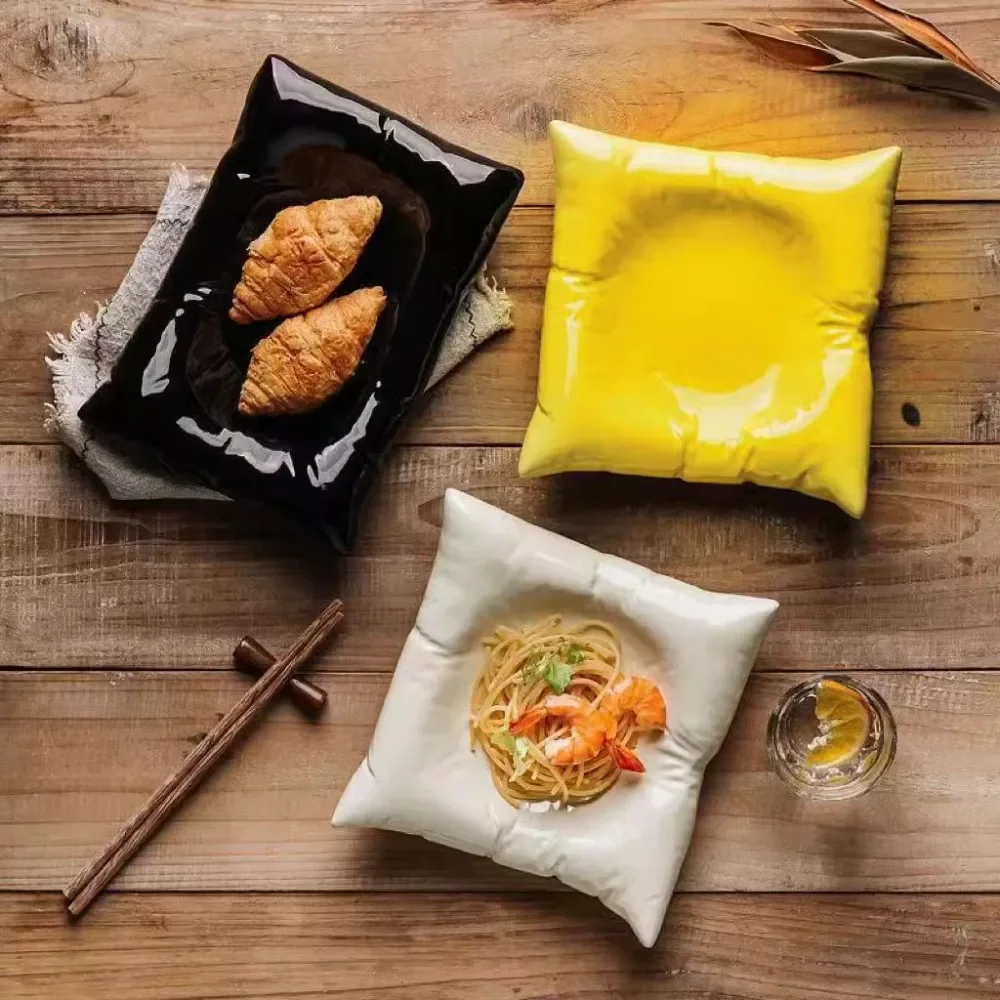 Creative Pillow Ceramic Plate Steak Dessert Sushi Plate Square Rectangular Ceramic Storage Tray Tableware Kitchen Accessories