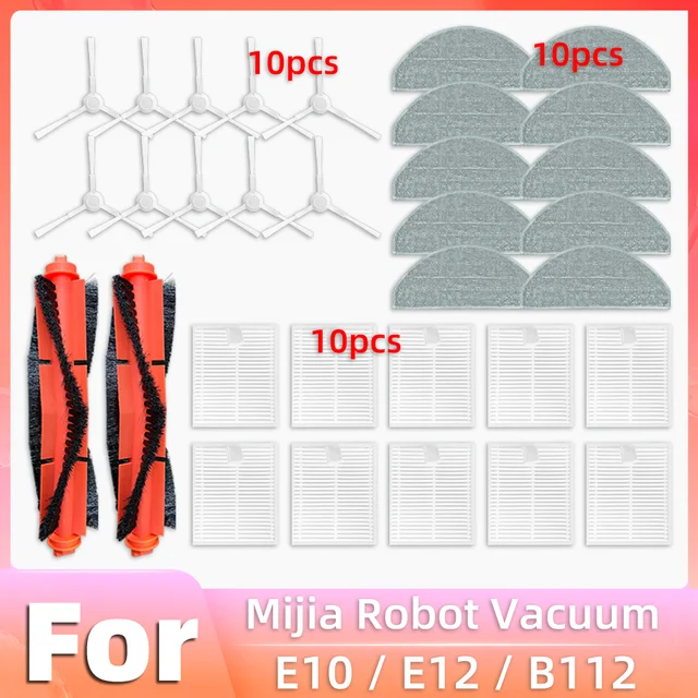 10 Pack Accessories Kit for Xiaomi E10 E12 B112 Robot Vacuum Replacement  Spare Parts, 1 Main Brush, 4 Side Brushes, 3 Filters, 2 Mop Clothes