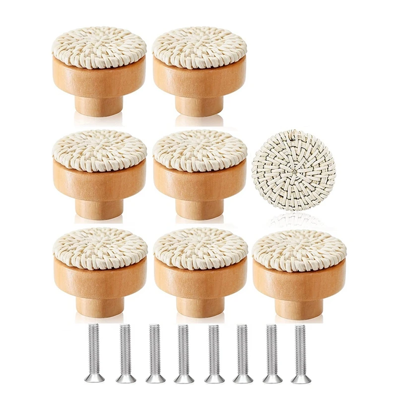 

8PCS Boho Rattan Dresser Knobs Wood Drawer Knobs Handmade Woven Wicker Knobs Pull Handle For Cabinet Home Decor