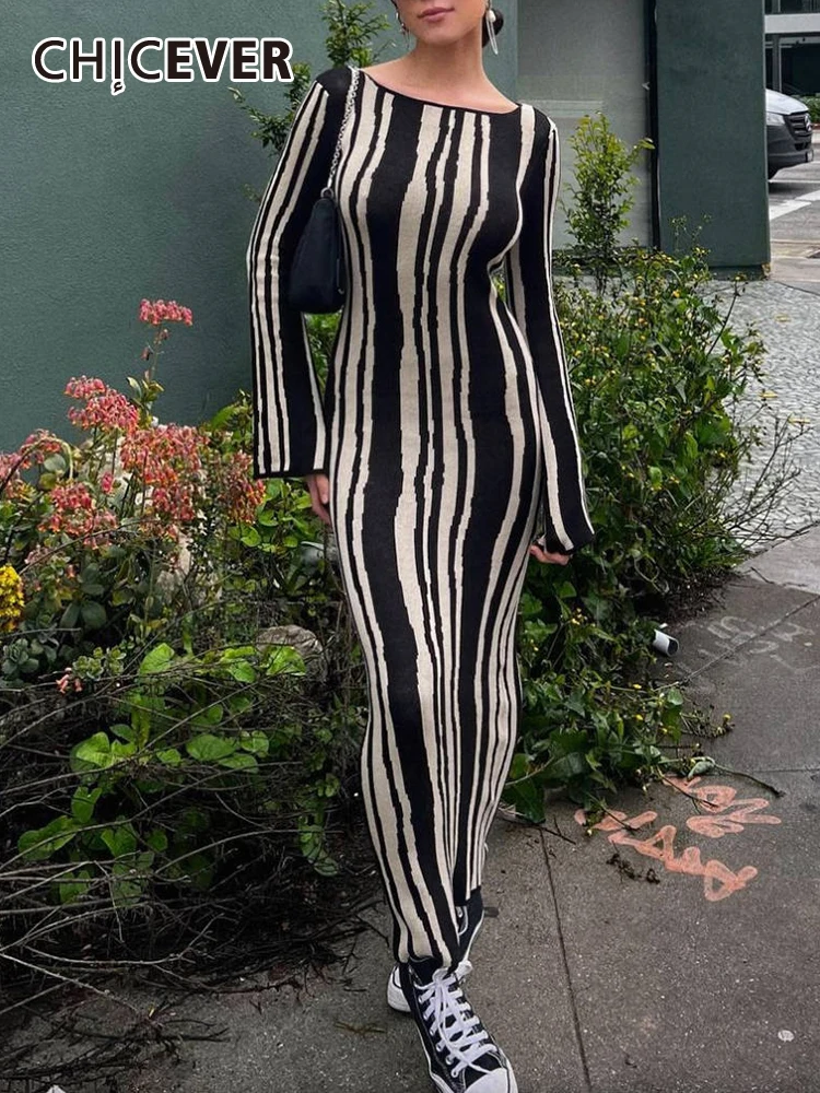 

CHICEVER Colorblock Slimming Dresses For Women Round Neck Long Sleeve High Waist Bodycon Spring Sexy Striped Dress Female New