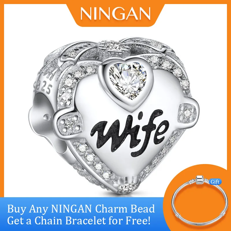 

NINGAN Valentine's Day Charms Gift for Wife Fine Sterling Silver Jewelry for Bracelet Making Heat Beads with Zircon
