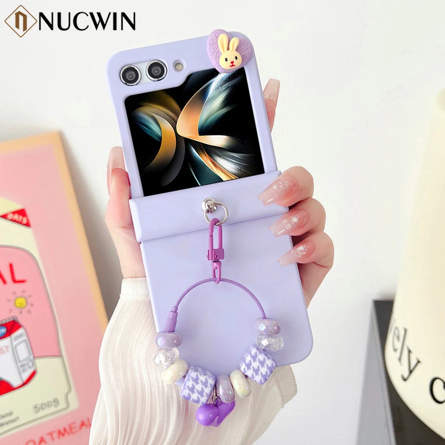 

For Samsung Z Flip 5 flip 4 Cute Rabbit Love Heart Case for Samsung Galaxy Z Flip 5 4 3 flip 5 Ring Wrist Chain Korea Hard Cover