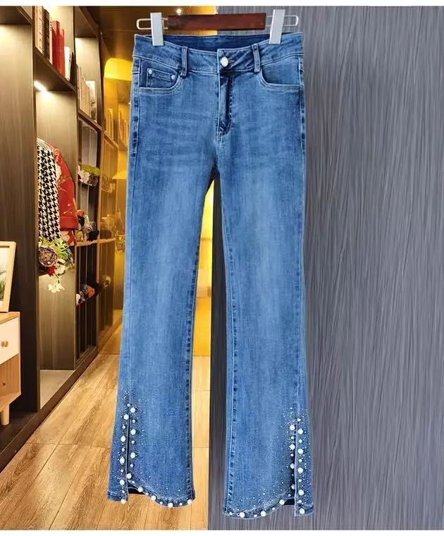 New women diamond drilled hole jeans woman pencil pants women Jeans Ripped  denim trousers with Rhinestone Denim Pants Woman 201223