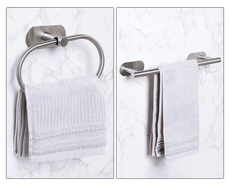 Silver Bathroom Hardware Set Self-sticking, 304 Stainless Steel Brushed Towel Bar Paper Holder Accessories Set without Nails