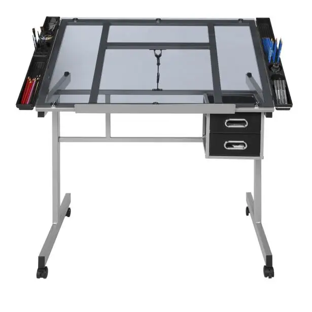 製図用ガラスデスク ブラック コスパ◎木目とガラスとブラックの