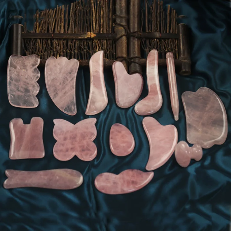 Pink Crystal Heart-Shaped Jade Scrapping Plate Facial Mushroom Beauty Crystal Jade Massage Stick Meridian Health Care