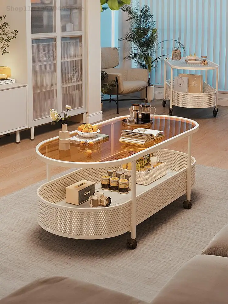 Living Room Coffee Table Small Apartment Movable Coffee Table Cream Style New Sofa Side Glass Small Storage