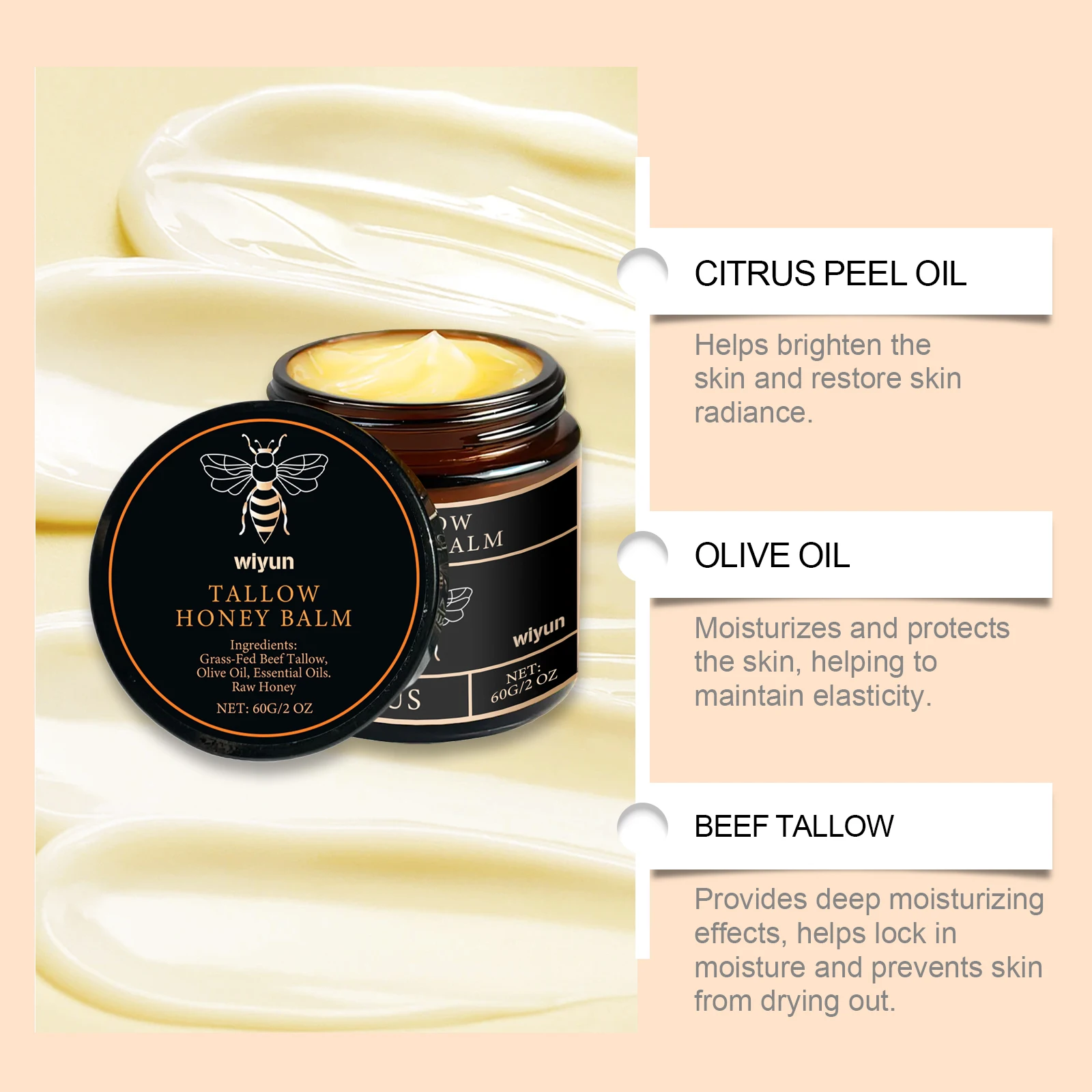 Beef Tallow Honey Moisturizer Grass Fed Whipped Tallow Face Cream Body Lotion Non Greasy Nourishing Fast Absorption Skin Care 3