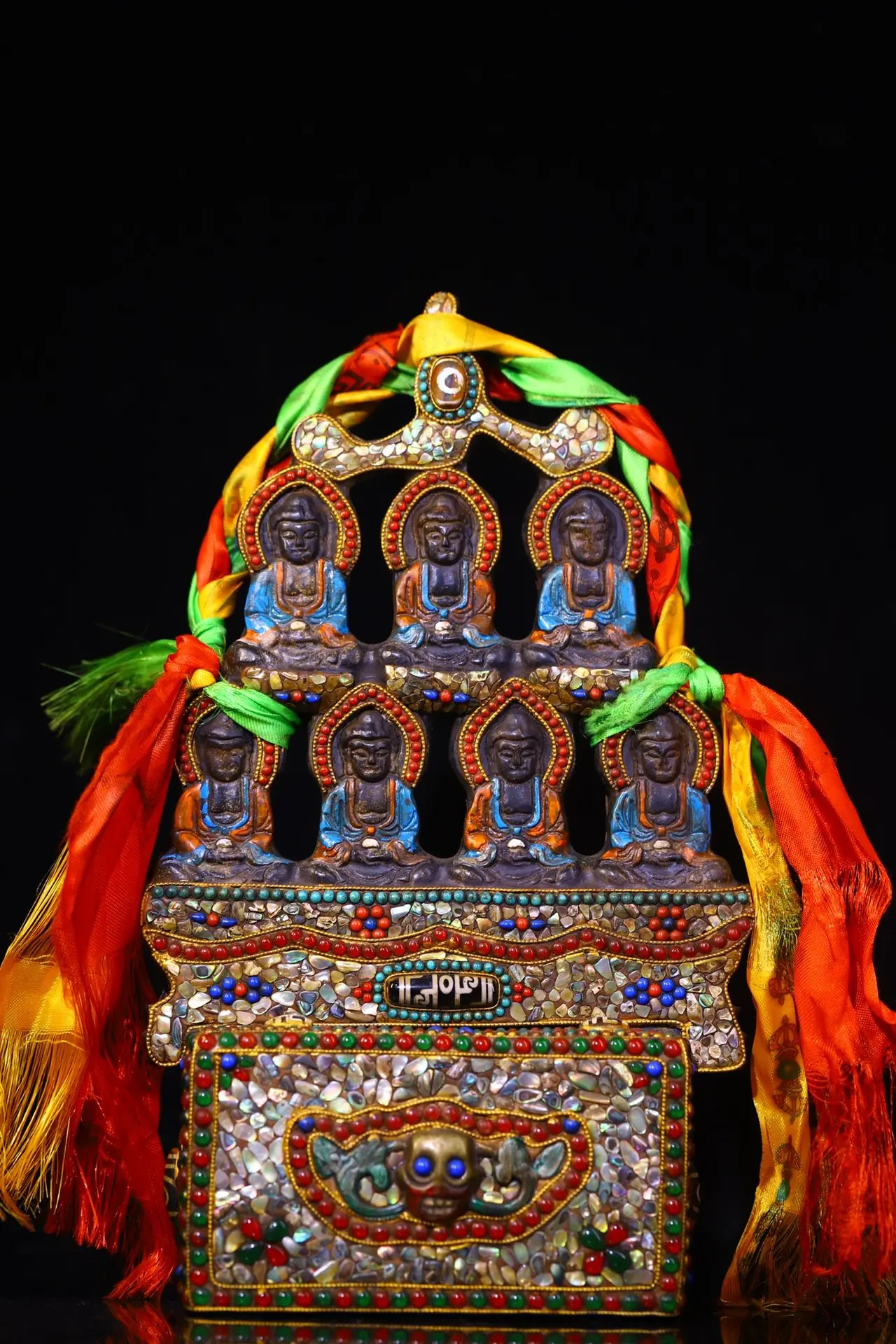 

11"Tibet Temple Collection Old Natural Meteorite Mosaic Gem gZi Beads Shell 7 Baby Shakyamuni Buddha Buddhist Niche Worship Hall