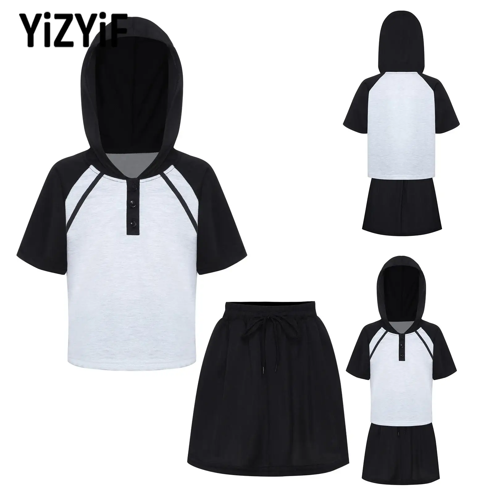 2025 키즈 여아 패션 컬러 블록 운동복 반팔 후드티+스커트 테니스 의류 세트 ..