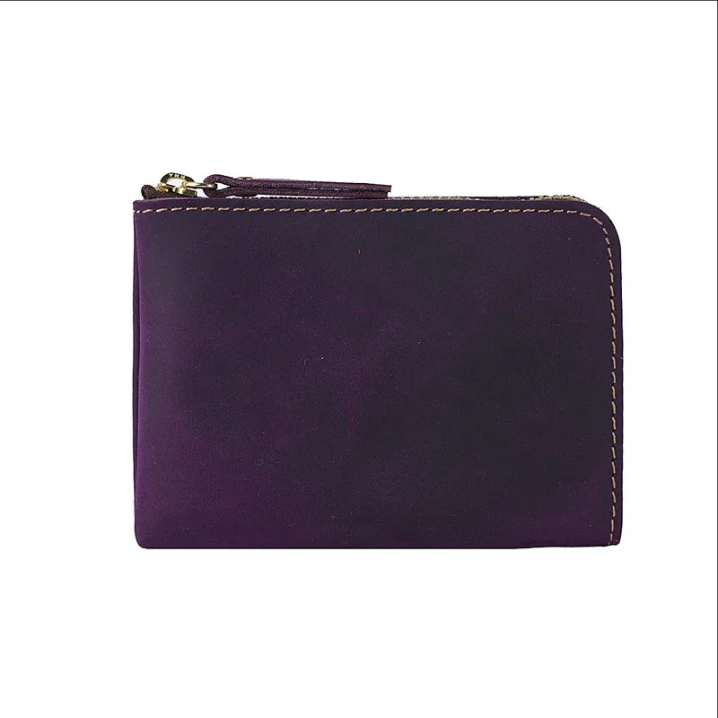 Simple Card Holder Handmade Leather Short Retro Crazy Horse Leather Zipper Wallet Top Layer Cowhide Wallet Card Holder