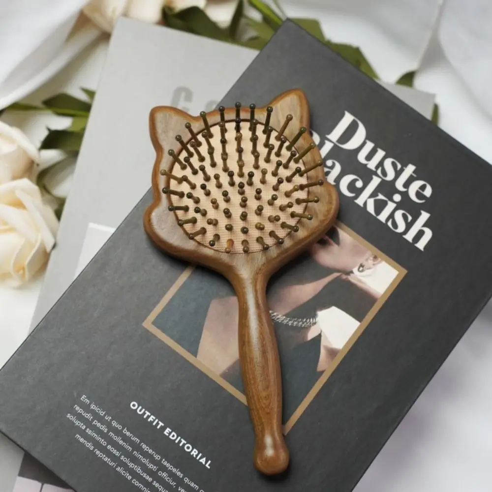 

Cute Cat Shaped Sandalwood Airbag Comb Long Handle Scalp Massage Comb Anti Static Exquisite Smooth Hair Brush