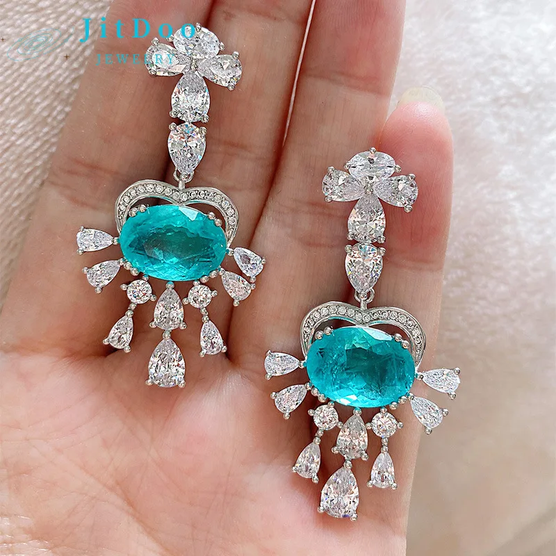 

JitDoo AAAAA фианиты Paraiba изумрудные висячие серьги Роскошные Дизайнерские для женщин 2023 трендовые искусственные ювелирные изделия Свадебные аксессуары