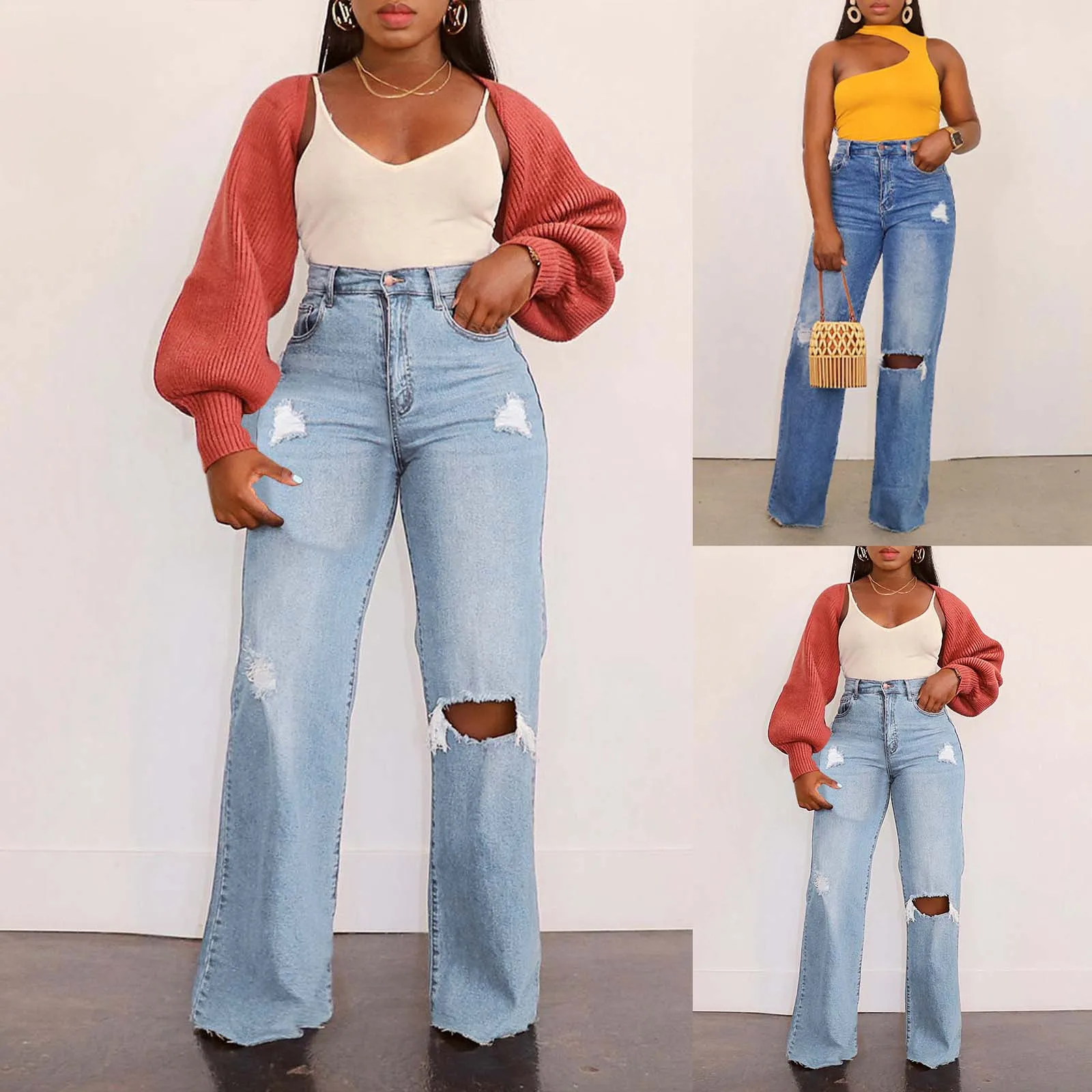 

Women's Casual Breaking Hole Jeans Washed Wide Leg Straight Denim Trousers Loose Fashion Streetwear High Waisted Denim Pants