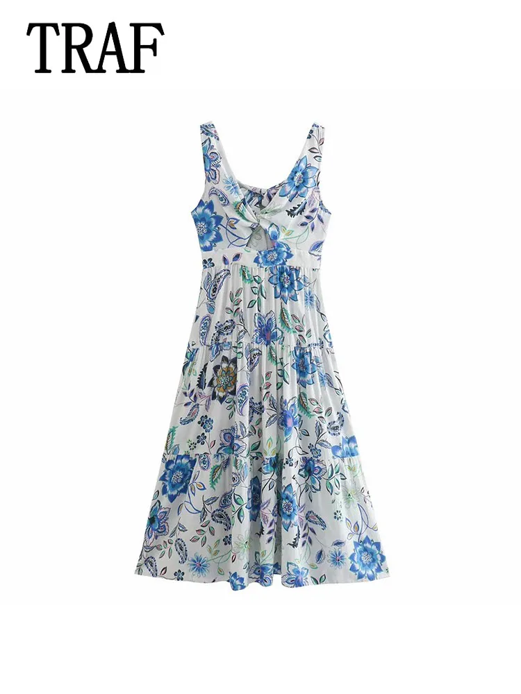 

TRAF Women Sleeveless Floral Print Gentle Dresses Female 2024 Summer Slim Elegant Suspender Dress Women