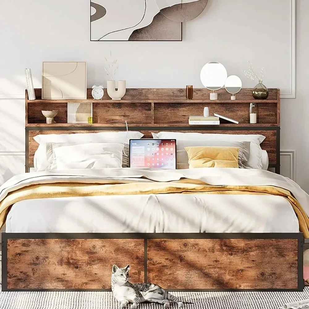 

Queen Size Bed Frame Platform Storage Bed No Box Spring Needed Bedroom Furniture Noise Free Solid and Stable Vintage Brown Home