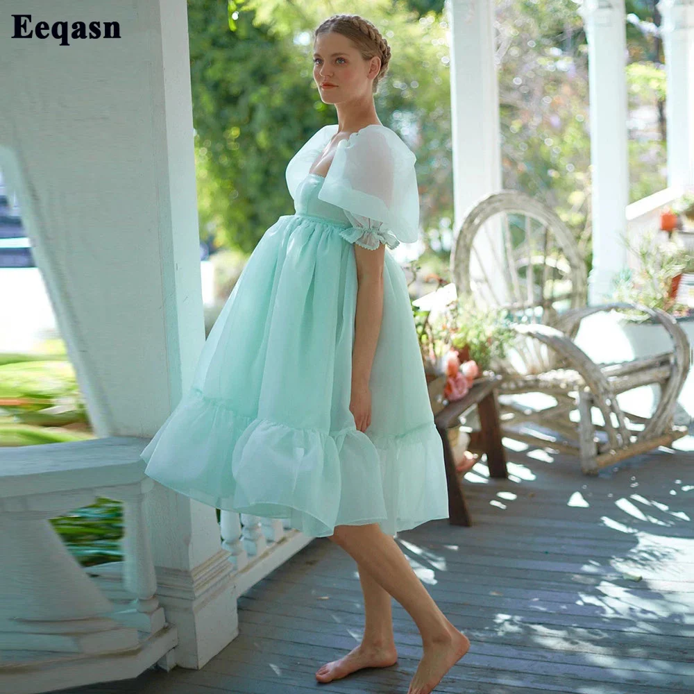 Eeqasn Simple A Line Organza Midi Prom Dresses Short Puff Sleeves Homecoming Party Gowns Princess Formal Girl Party Dresses 2022 modest prom dresses