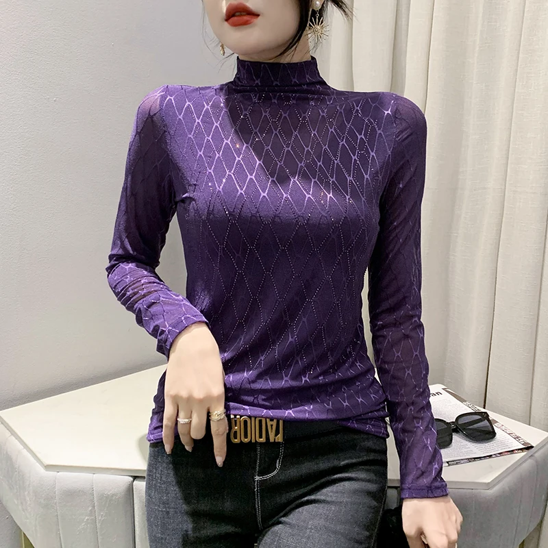 

Fall Winter European American Clothes Lady T-Shirt Chic Sexy Mock Neck Patchwork Mesh Diamonds Women Tops Long Sleeve New Tees 9