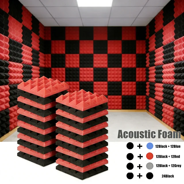 24 ชิ้น 25x25x5 ซม. แผ่นโฟมซับเสียงอะคูสติกสำหรับห้องสตูดิโอ รูปทรงปิรามิด สำหรับกันเสียงรบกวนและดูดซับเสียงในห้องบันทึกเสียง 12 สีดำ 12 สีแดง 1