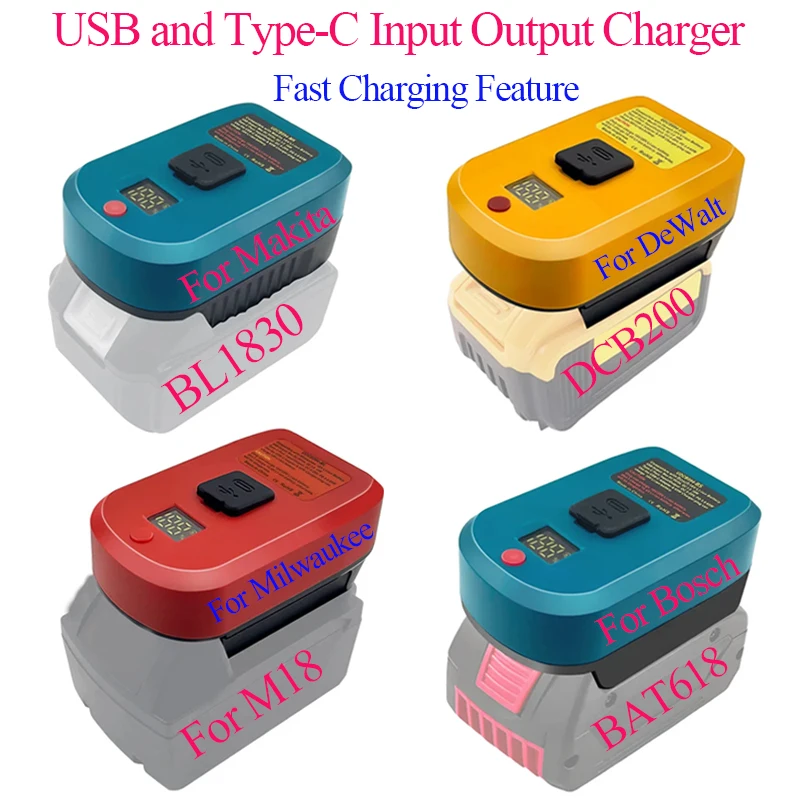 

65W Lithium Battery Fast Charger Adapter Converter For Makita For Bosch For DeWalt For Milwaukee 18V 20V Type C USB Power Bank