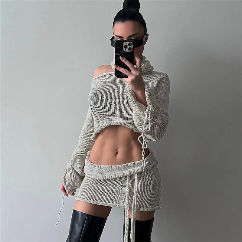 Autumn Y2k Knit Two Piece Dress Women Long Sleeve Crop Top Drawstring Wrap New In Dress 2023 Winter Female 2 Piece Skirt Set