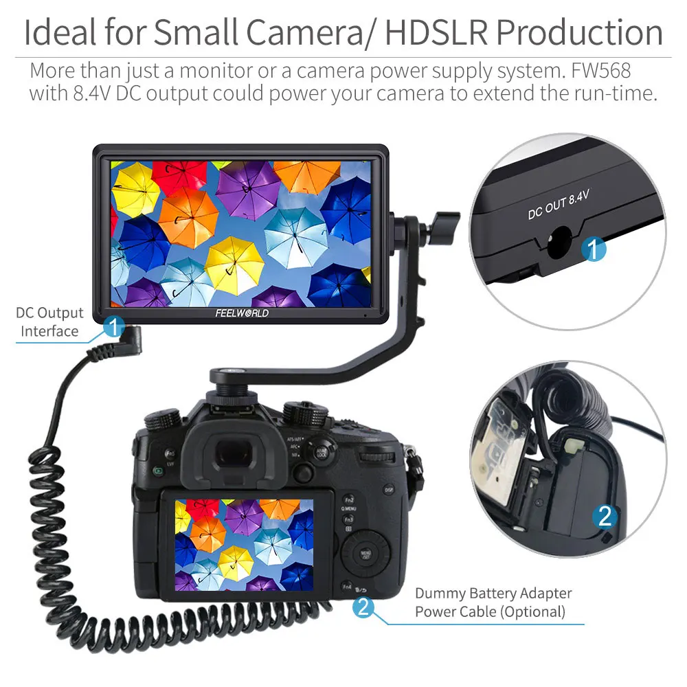 6 Inch DSLR Camera Monitor FEELWORLD FW568 V3 with Waveform LUTs Small Full HD 1920x1080 IPS 4K HDMI Type-C DC Output Tilt Arm portable monitor,dslr field monitor