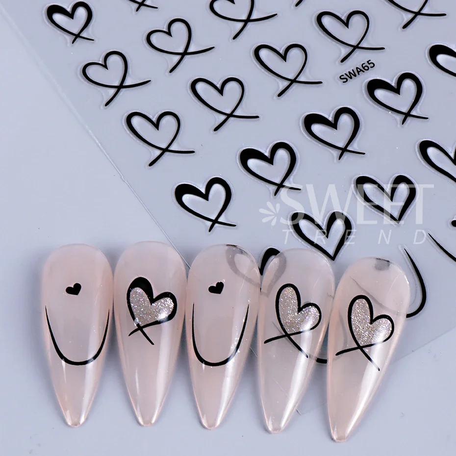 9pcs Valentine's Day Nail Art Stickers 3D Black White Pink Lines Love Heart Nail Decals DIY Adhesive Slider Manicure Decoration